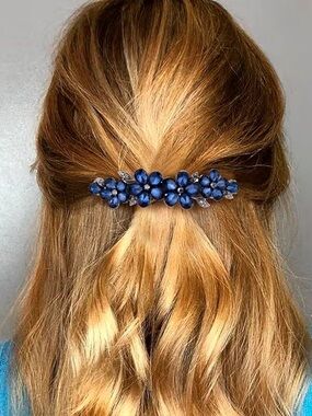 Anthropologie Navy Floral Crystal Hair Barrette